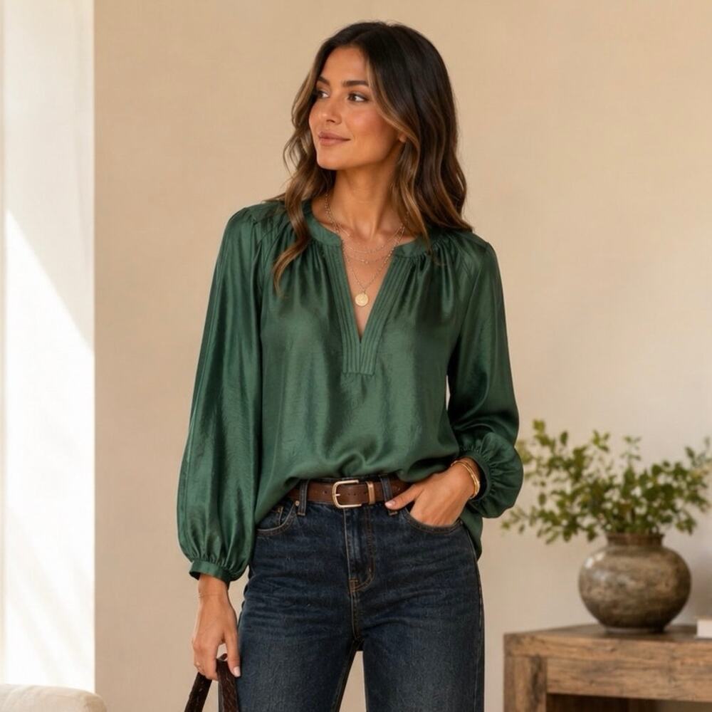 Current Air Long Sleeve V-Neck Pleated Shoulder Blouse Top Jewel Green Women's M